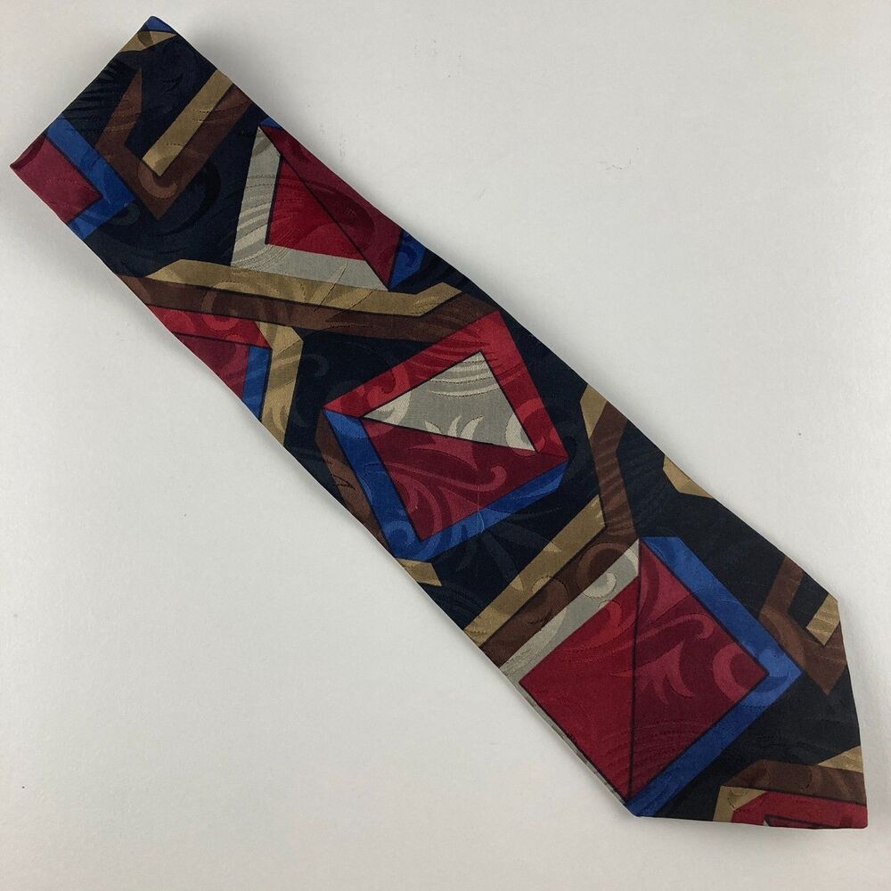 Bugatti Mens Silk Tie Abstract Geometric Red Blue Black Necktie Italy